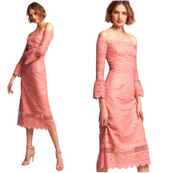 AMUR Off The Shoulder Lace Midi Dress Pink Size 6 - Picture 1 of 13